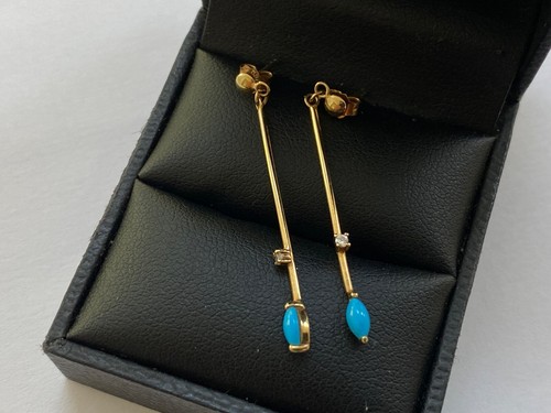9CT GOLD TURQUOISE DIAMOND EARRINGS DROPS DANGLE STUDS - Picture 3 of 5