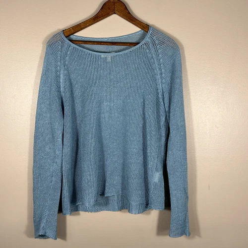 Eileen Fisher Sweater Top Womens XS Green Linen Open Knit Long Sleeve Casual