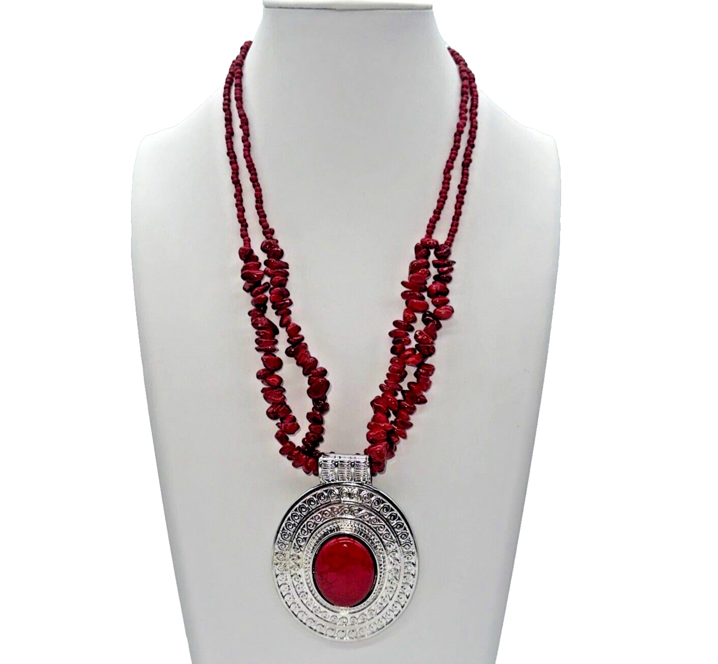 VETEMENTS Collana Drammatica 19" Doppio Filo Perline Rosse Statement con Ciondolo Argento Rosso
