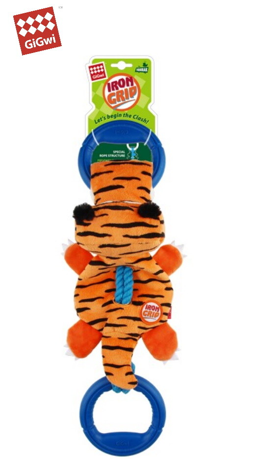 GIGWI IRON GRIP TIGER TUG OF WAR DOG PUPPY PLUS ROPE RUBBER RING PLAY TOY SQUEAK