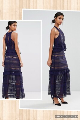 self portrait guipure lace maxi dress SELF PORTRAIT Blue Tiered Guipure Lace Maxi Dress UK 4 Reliked