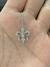 Gift 1.0 Ct Round Cut CZ Fleur De Lis Orleans Pendant 18" Cable Chain 925 Silver