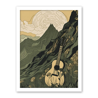 Guitar on Mountain Landscape Morning at Campsite Framed Wall Art Print 18X24