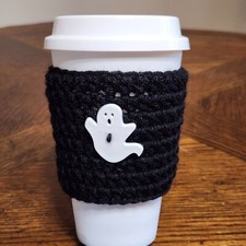Happy Heart Treasures Sticker Coffee Cup Cozy Handmade Crochet Halloween Ghost