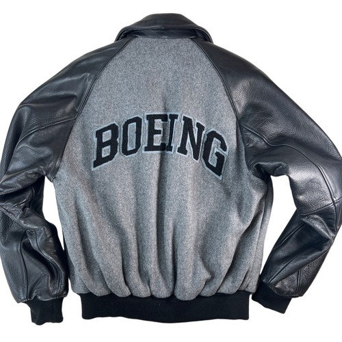 Boeing Men Size S Durable Grey Black Leather Wool Varsity Letterman Jacket Lined - Picture 6 of 19