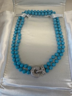 Ross Simons 1.90ctw Diamond Lab Created Turquoise Bead Necklace 18k Gold w/ Box