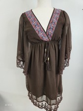 Heirloom Brown Dress Embroidery V Neck Sheer Bell Sleeve Lace Trim Womens M Boho
