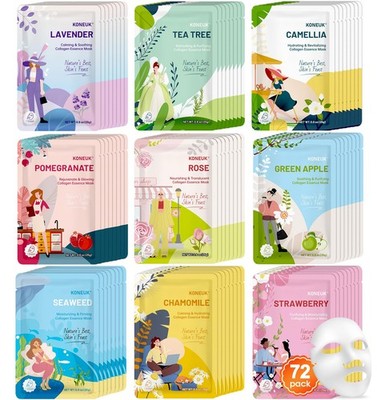 KONEUK 72 Pack Bulk Hydrating Face Masks Skincare, Collagen Sheet Face Mask f...