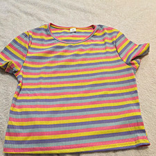Multicolor Striped Ribbed Crew Neck Short Sle...