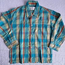 Vintage 1960s 1970s Boy's Bob West Aqua Plaid Long Sleeve Oxford Shirt Size 5