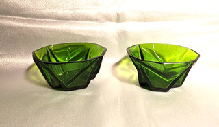 Two 1928 Ruba Rombic 4 1/4" Bowls Jungle Green ( w/ Flea Bites Sold as is )