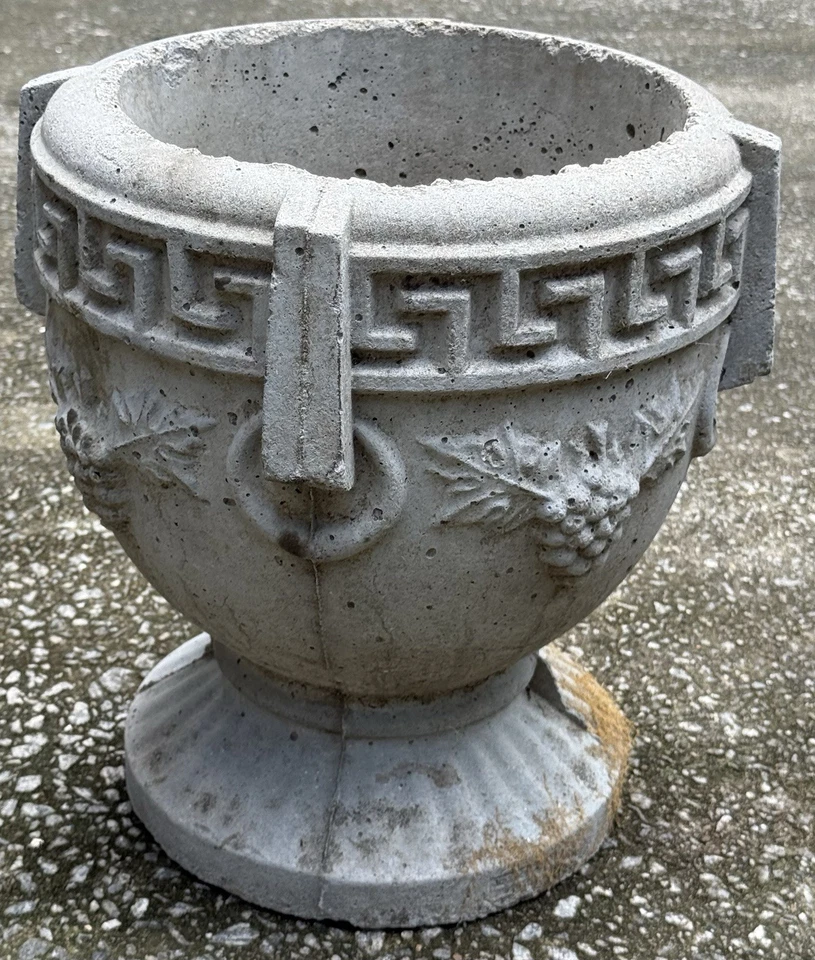 Mid Century Cast Concrete Garden Urn Planter Neoclassical Greek Key Border - Image 4 of 4