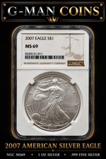 2007 American Silver Eagle NGC MS69 $1 ASE 1oz .999 Silver Coin