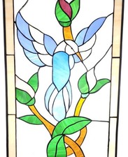 STAINED GLASS - Vintage Original Window Panel Hummingbird Art Suncatcher 22x12.5