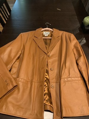 Women's Leather CLIO Jacket Blazer Camel Brown VTG Size. L. Button Up Pockets