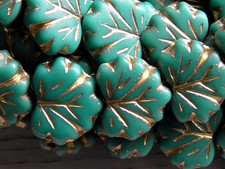 10 - 13x11mm CZECH MAPLE LEAF LEAVES OPAQUE TURQUOISE BLUE GOLD WASH GLASS BEAD