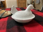 White Milk Glass Hen on Nest Covered Bowl w/ Lid, Round Glossy Decorative