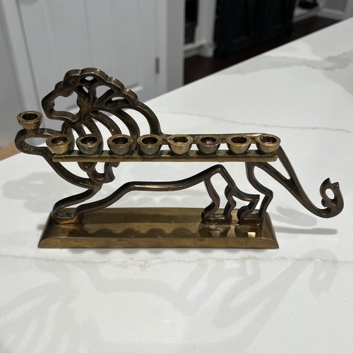Vintage Brass Lion Menorah Eight Candle Holders Judaica Israel Mid Century