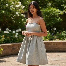 Banana Republic Grey Wool Blend Strapless Ruffle Trim A-Line Dress