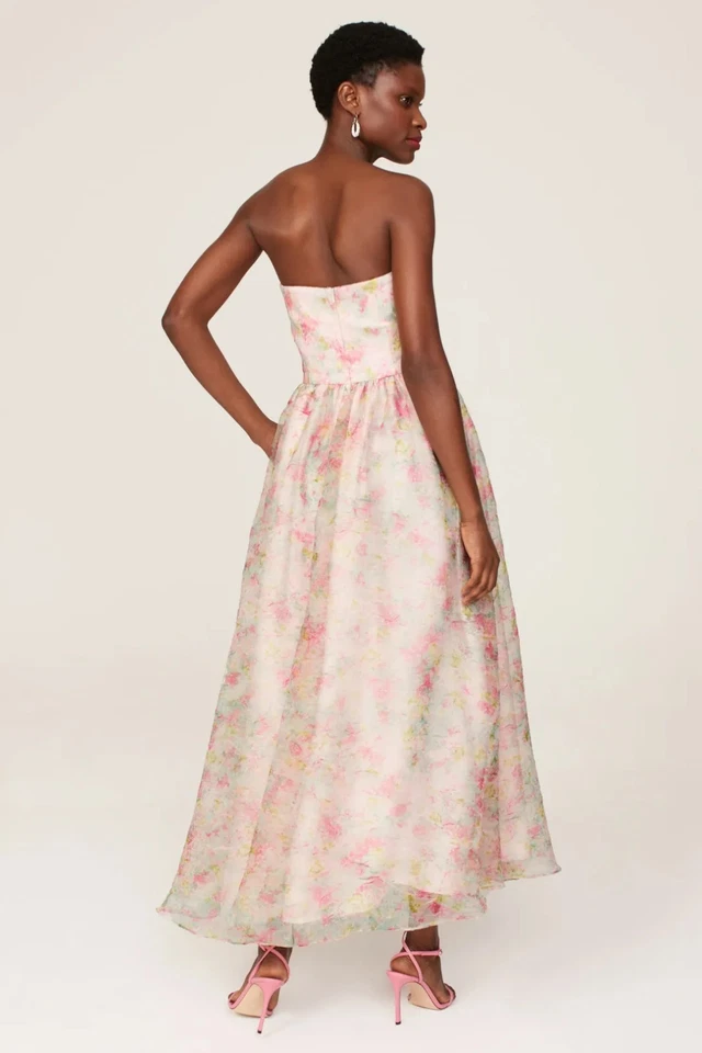 Vestido midi rosa sin tirantes de organza floral ML Monique Lhuillier Sweetheart, talla 8 Foto 2 de 4