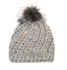 Handmade Gray Tweed Crochet Beanie Hat, Unisex, Faux Fur Pom, Size Toddler/Child