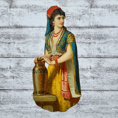 um 1900 Frau Tracht Kleidung Orient Vase Krug Victorian Glanzbild Ephemera alt