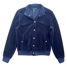Lauren Ralph Lauren Women  s S Navy Velvet Gold Button Snap Lightwt Bomber Jacket