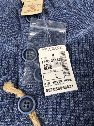 Jos A Bank Sweater Men’s L Blue VIP Button Mock Collar Merino Wool Blend NWT - Picture 3 of 11