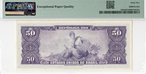 Brazil 50 Cruzieros ND (1961) Note Pick 169a PMG UNC 65 EPQ G01-12 LOW SERIAL - Picture 2 of 2