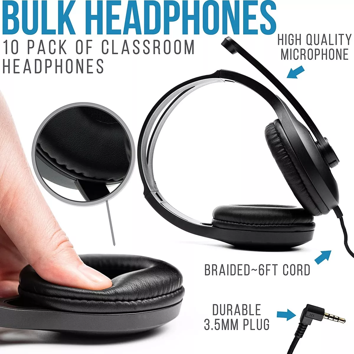 10 Pack Bulk Classroom Headphones w Microphone Premium On Ear Mic