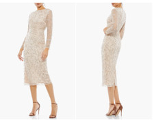 MAC DUGGAL 10812  BEADED TEA LENGTH SHEER SLEEVES PORCELAIN MIDI DRESS 10