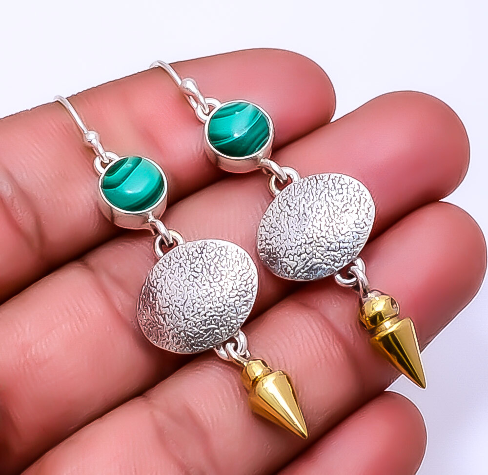 Malachite - Congo 925 Sterling Silver Two Tone Arrow Head Earring 2.34