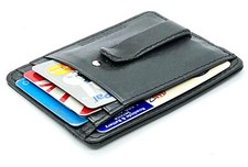 RFID Blocking Black Genuine Leather Men's Money Clip Credit Card ID Wallet