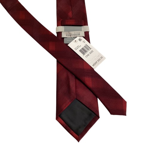 PERRY ELLIS PORTFOLIO Men's Necktie Skinny Designer PLAID Red/Burgundy NWT $55 - Picture 3 of 3