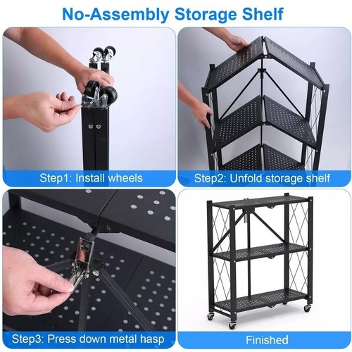 3-Tier Heavy Duty Foldable Metal Rack Storage Shelving w/ Wheels Kitchen Bedroom - Picture 7 of 8