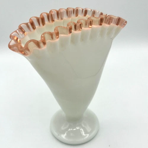 Fenton Pink Rose Crest Fan Vase Crimped Ruffled Milk Glass Mid Century 1940's