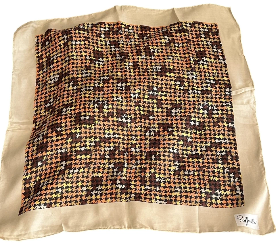 Cachecol vintage rayon e seda geométrico dourado ferrugem laranja pescoço quadrado borda enrolada - Imagem 2 de 4