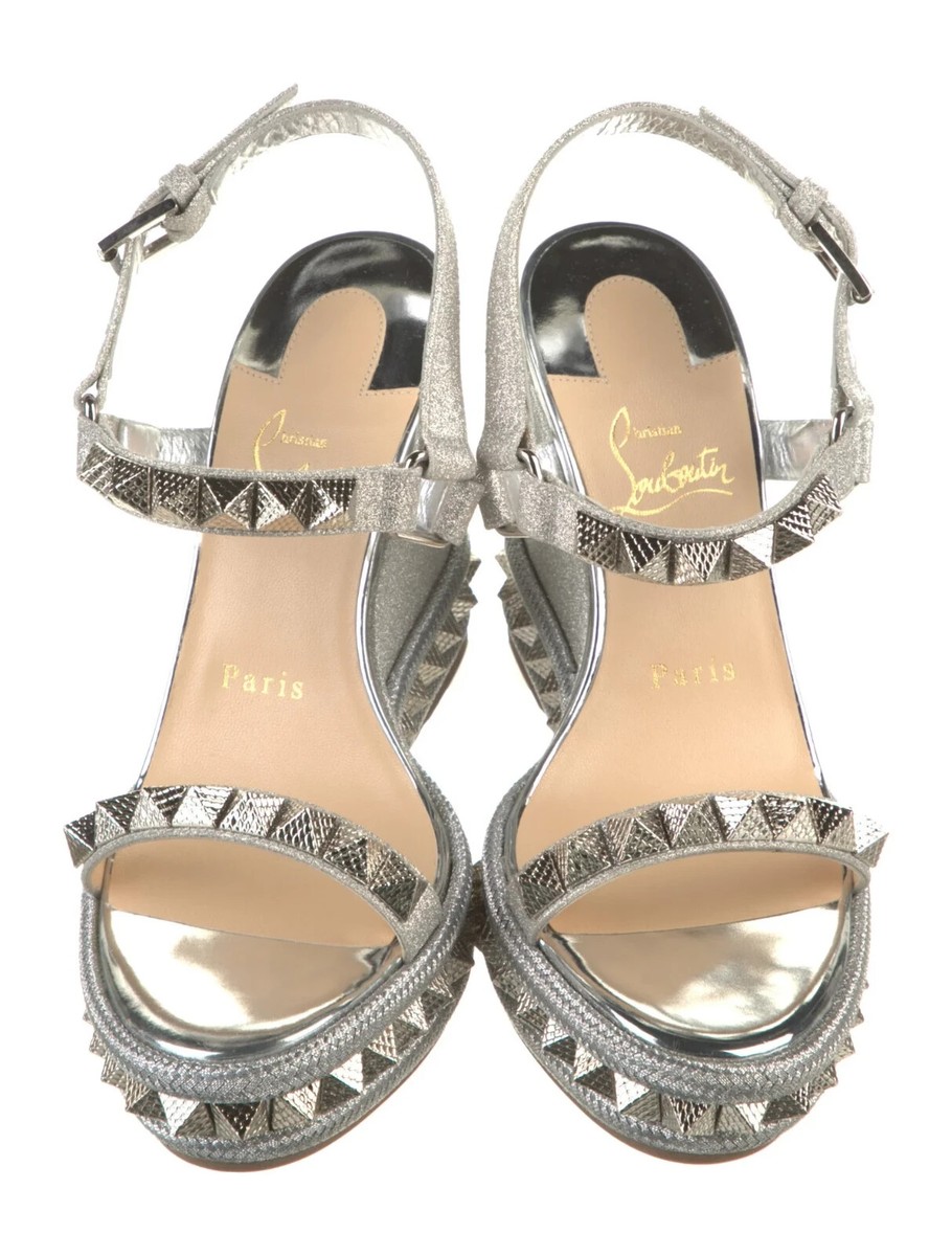 CHRISTIAN LOUBOUTIN Pyraclou 110 Silver Glitter Wedge Sandals SZ36