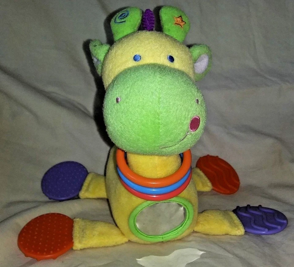 Mordedor de chocalho girafa amarela preferido infantil espelho pelúcia animal alergia à asma  - Imagem 3 de 4