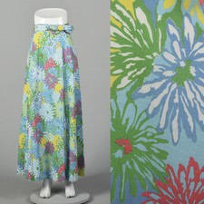 M Blue Wrap Skirt 1970s Maxi Green Floral Print Bohemian Hippie Modest 70s VTG