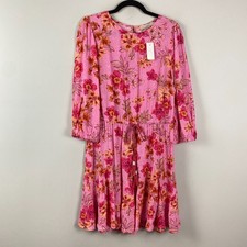 Loft Lily Godet Puff Sleeve Mini Flare Dress Size Large Pink Floral 3/4 Sleeves