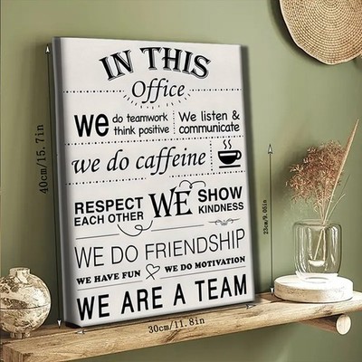 In This Office Teamwork White Vintage Text Canvas, Workplace Positive Team Decor