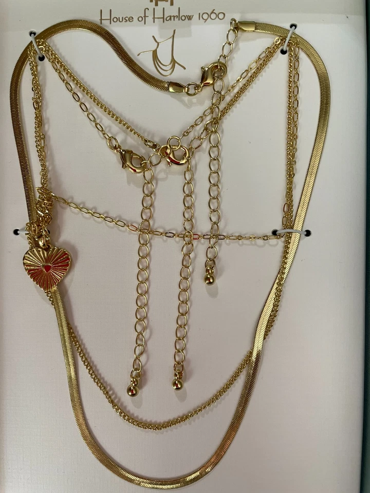 NEW House Of Harlow 1960 Necklace Triple Chain Set Of 3 Heart Pendant Gold Tone - Image 2 of 4