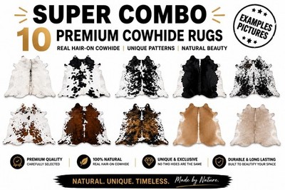Cowhide Rug Set (10 pcs)   6x6 ft Natural Leather Rugs, Custom Selection