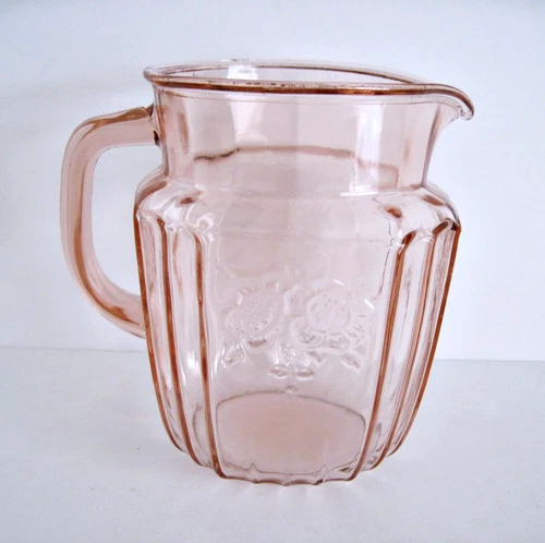 Anchor Hocking Mayfair Open Rose Pitcher Pink Depression Glass Vintage 32 oz 6”