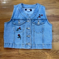 Vintage Jordache Denim Vest Light Wash Rose Embroidered Cropped Blue Small