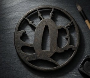 Fine Owari style Nami Chidori Sukashi tsuba for wakizashi or slender sword.