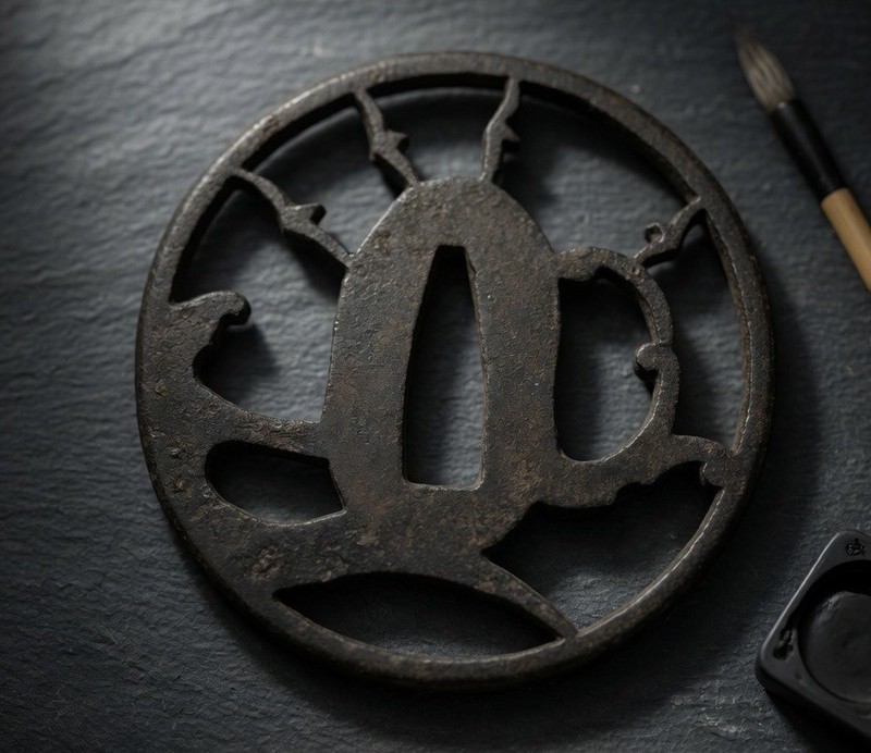 Fine Owari style Nami Chidori Sukashi tsuba for wakizashi or slender sword.