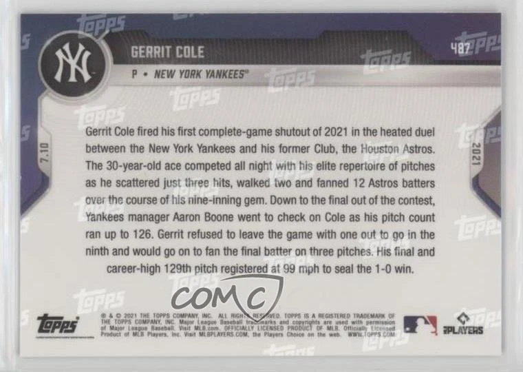 2021 Topps Now Blue /49 Gerrit Cole #487 - Image 2 of 2