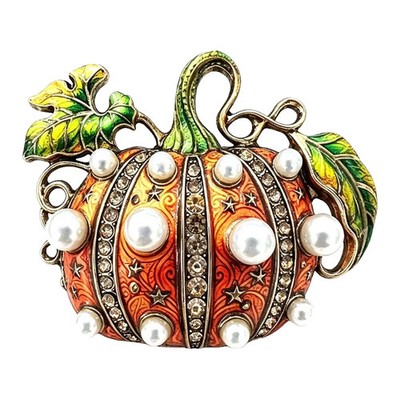 Halloween Rhinestone Pearl Pumpkin Brooch Pin Gold Tone Fall Harvest Jewelry Gif